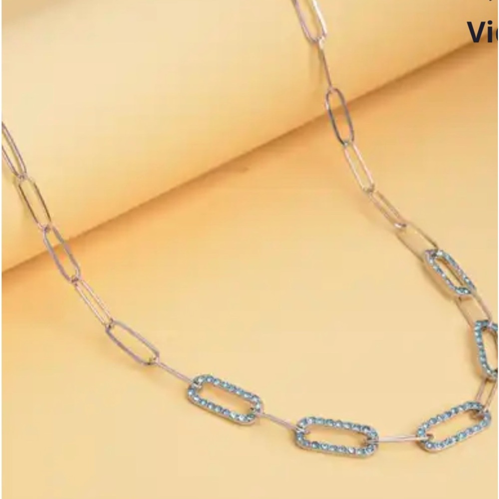 Blue Austrian Chrystal paper clip chain necklace.